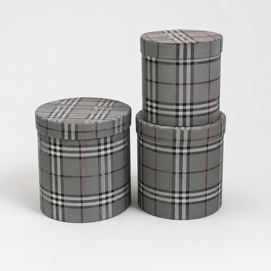 Flowerly Box™ Dark Grey Plaid Round Hatbox Set