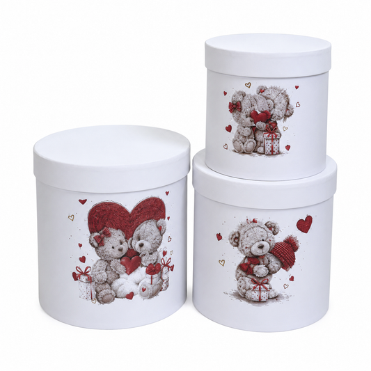 Flowerly Box™ White Teddy Bear Gift Box Trio