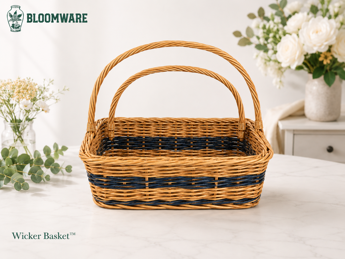Wicker Basket™ Navy Stripe Twin Handle
